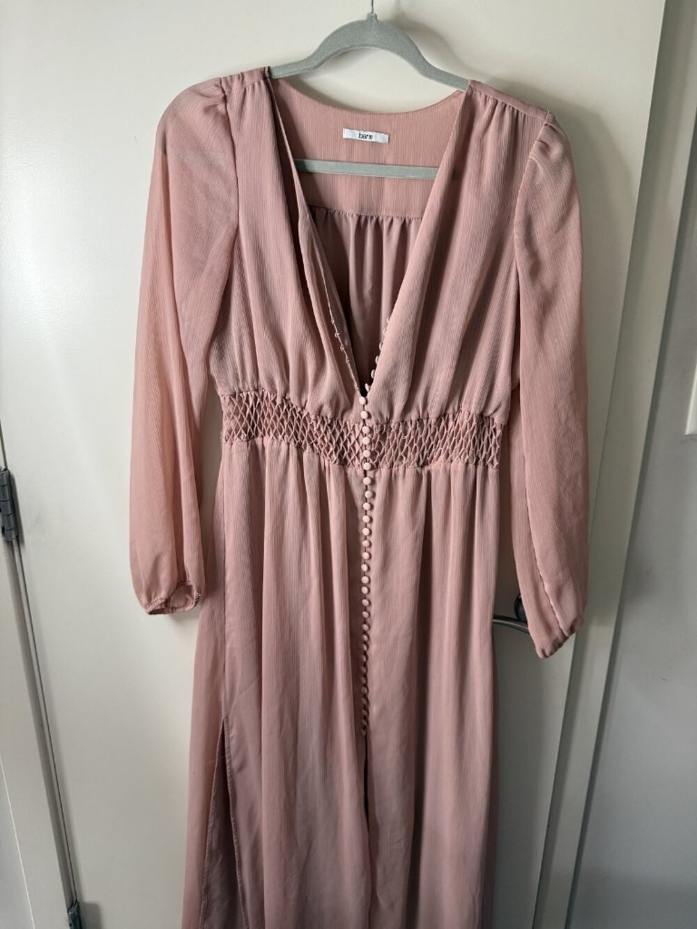 Blush Long Sleeve Ruched Waist Midi Dress